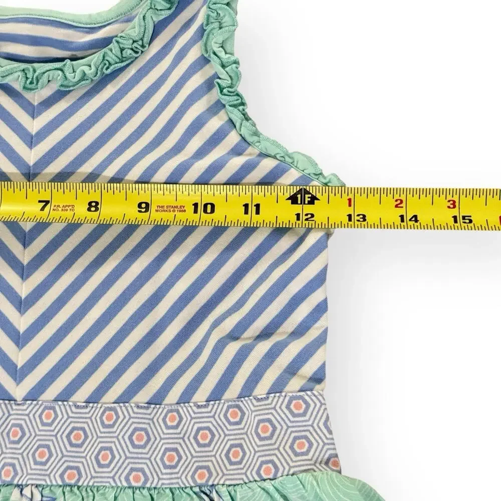 Serendipity Shrimp & Grits Girls 7-8 Dress Blue Green Stripe Sailboat Nautical